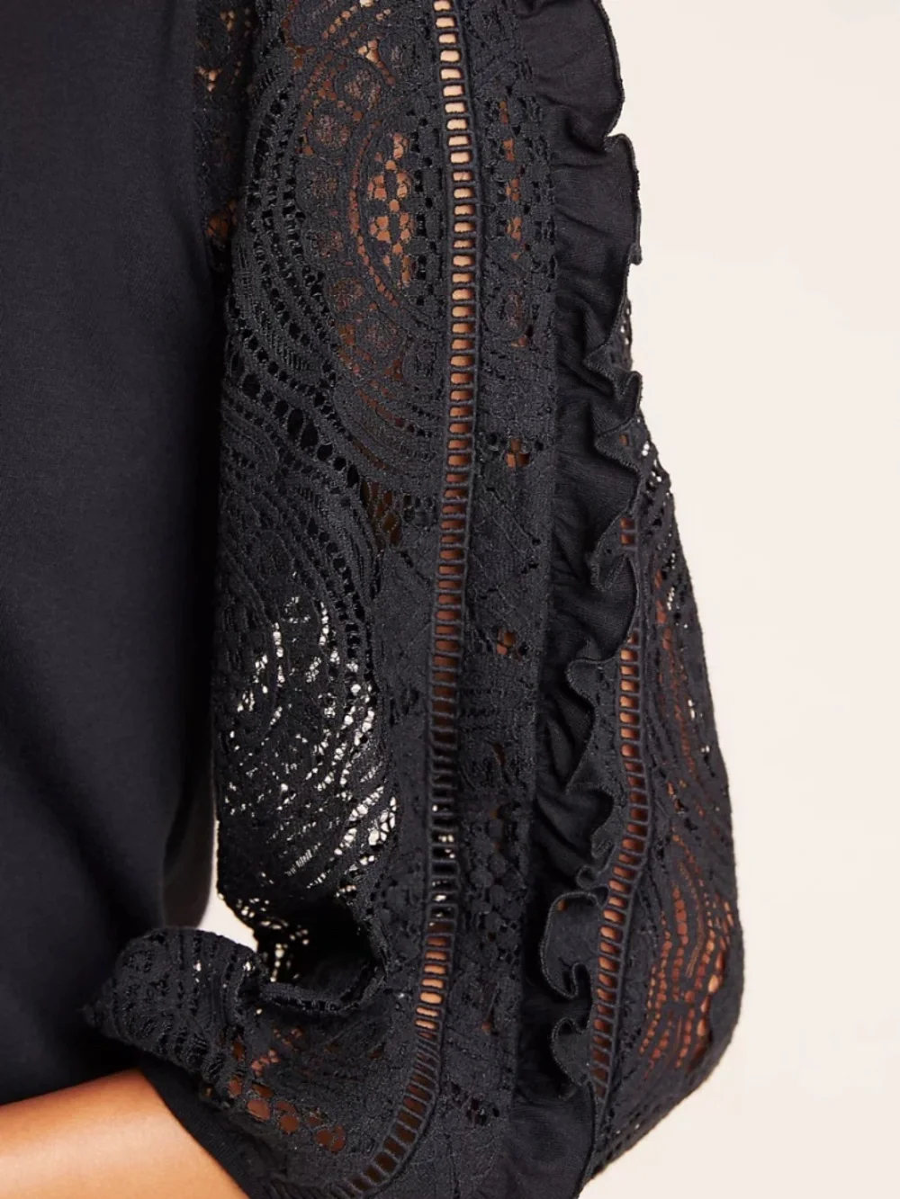 Anthropologie Nina Lace‎ Top Size Small Sheer Crochet Sleeve Black Blouse Cotton